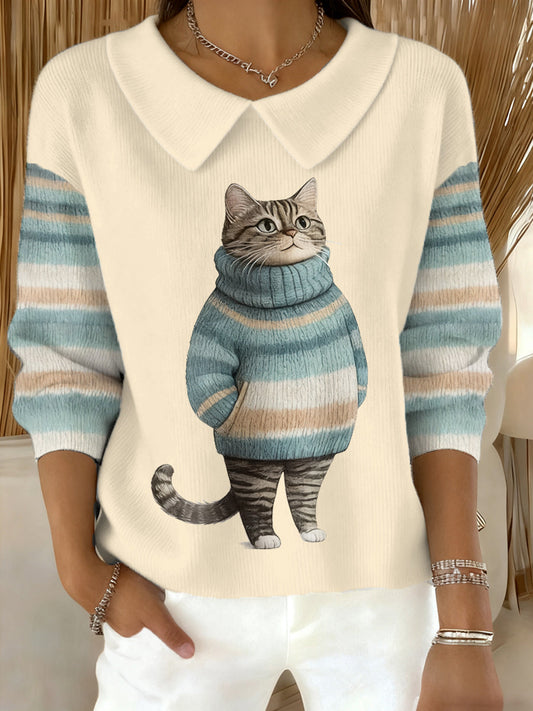 Women's Cute Winter Cat Print Cat Lovers Casual Doll Collar Top