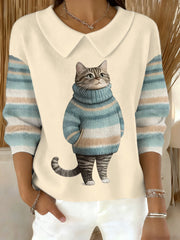 Women's Cute Winter Cat Print Cat Lovers Casual Doll Collar Top