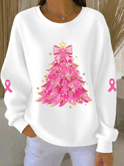 Women's Breast Cancer Awareness Christmas Tree Pink ribbon Ribbed Round-Neck Sweatshirt