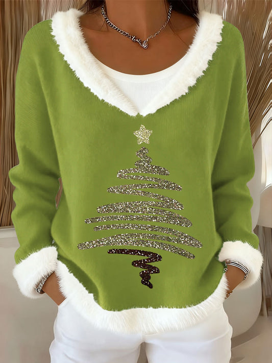 Women's Christmas Tree Art Casual Fur Collar Top