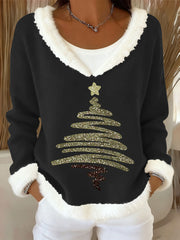 Women's Christmas Tree Art Casual Fur Collar Top