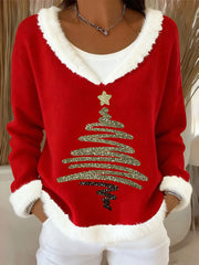 Women's Christmas Tree Art Casual Fur Collar Top