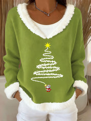Women's Christmas Tree Art Casual Fur Collar Top