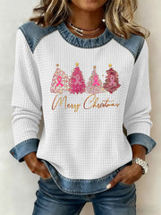 Women's Breast Cancer Awareness Merry Christmas Christmas Tree Print Casual Top