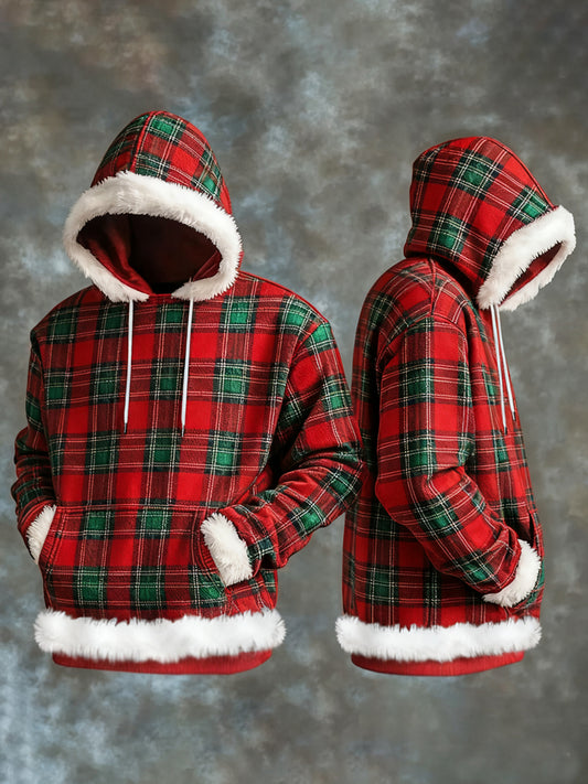 Men's Christmas Plaid Print Casual Plush Hoodie