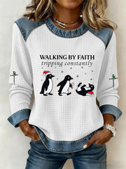 Women's Funny Christmas Walking By Faith Tripping Constantly Print Casual Waffle Hoodie