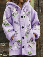 Women's Casual Purple Floral Thickened Cardigan