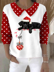 Women's Christmas Cute Dog Print Casual Doll Collar Sweater