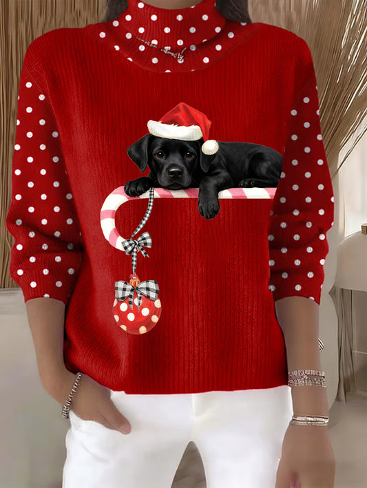 Women's Christmas Cute Dog Print Casual Turtleneck Sweater