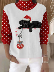 Women's Christmas Cute Dog Print Casual Turtleneck Sweater