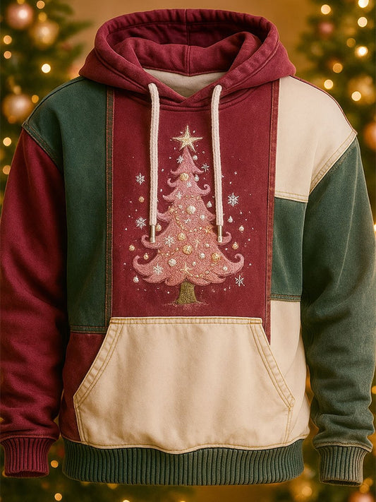 Men's Christmas Tree Art Patchwork Colorblock Hoodie with Pockets