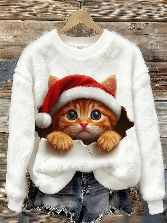 Women's Cute Christmas Cat Art  Print Casual Flannel Sweatshirt