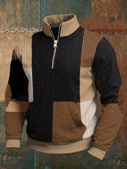 Men's Retro Color Block Print Zip-Up Pullover