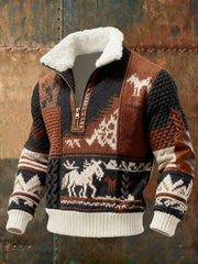 Men's Retro Knitted Pattern Print Casual Fur Collar Pullover