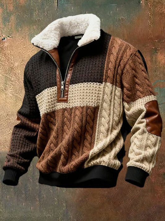 Men's Retro Color Block Print Casual Fur Collar Long Sleeve Sweatshirt