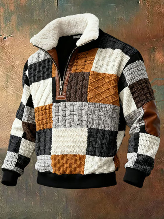 Men's Retro Color Block Print Casual Fur Collar Long Sleeve Sweatshirt