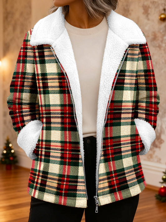 Women's Christmas Plaid Pattern Fleece Corduroy Jacket