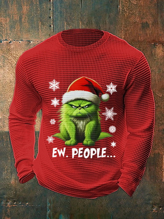 Men's Funny Christmas Cat Ew People Casual Waffle Long Sleeve Top