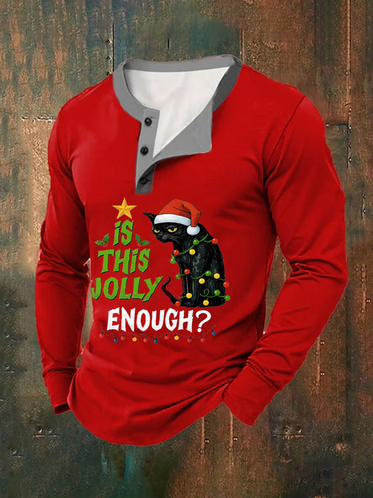 Men's Funny Christmas Black Cat Is This Jolly Enough？Casual Long-Sleeve T-Shirt