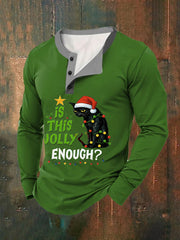 Men's Funny Christmas Black Cat Is This Jolly Enough？Casual Long-Sleeve T-Shirt