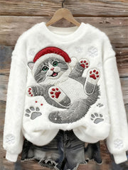 Women's Cute Christmas Cat Art Print Casual Flannel Sweatshirt
