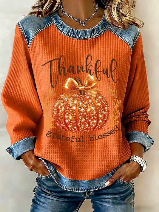 Women's Thanksgiving Pumpkin Thankful Grateful Blessed Printed Denim Patchwork Waffle Top