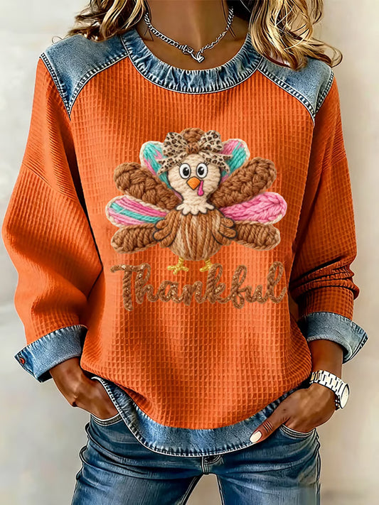 Women's Thanksgiving Turkey Printed Denim Patchwork Waffle Top
