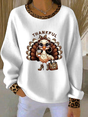 Women's Thanksgiving Print Ribbed Round-Neck Sweatshirt