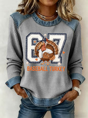 Women's Thanksgiving Baseball Turkey Denim Patchwork Waffle Top