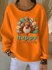 Women's Casual Thanksgiving Ribbed Round-Neck Sweatshirt