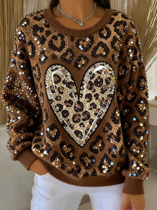 Women's Thanksgiving Leopard Heart Pattern Cozy Sweater