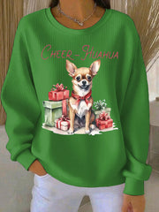 Women's Cheer Huahua Christmas Chihuahua Ribbed Round-Neck Sweatshirt