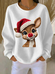 Women's Christmas Reindeer Waffle Print Casual Top
