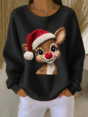 Women's Christmas Reindeer Waffle Print Casual Top