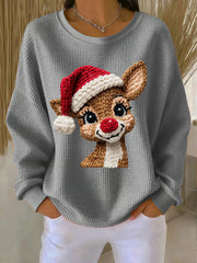 Women's Christmas Reindeer Waffle Print Casual Top