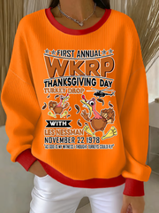 Women's Thanksgiving Print Ribbed Round-Neck Sweatshirt