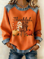 Women's Thanksgiving Print Waffle Sweatshirt
