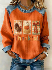 Women's Thanksgiving Print Waffle Sweatshirt