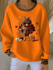 Women's Thanksgiving Print Ribbed Round-Neck Sweatshirt