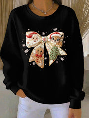 Women's Christmas Santa Gingerbread man Reindeer Ribbed Round-Neck Sweatshirt