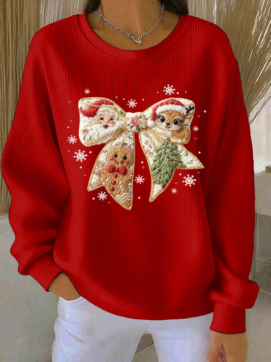 Women's Christmas Santa Gingerbread man Reindeer Ribbed Round-Neck Sweatshirt