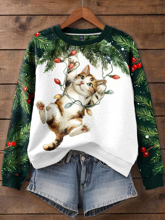 Women's Funny Christmas Cat Printed Sweatshirt