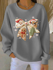 Women's Christmas Santa Gingerbread man Reindeer Ribbed Round-Neck Sweatshirt