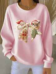 Women's Christmas Santa Gingerbread man Reindeer Ribbed Round-Neck Sweatshirt