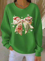 Women's Christmas Santa Gingerbread man Reindeer Ribbed Round-Neck Sweatshirt