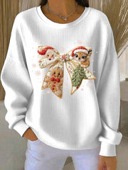 Women's Christmas Santa Gingerbread man Reindeer Ribbed Round-Neck Sweatshirt