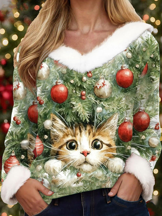 Women's Funny Christmas Cat Printed Tops