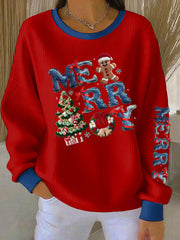 Women's Merry Christmas Print Ribbed Round-Neck Sweatshirt