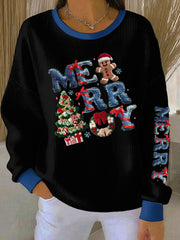 Women's Merry Christmas Print Ribbed Round-Neck Sweatshirt
