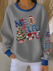 Women's Merry Christmas Print Ribbed Round-Neck Sweatshirt